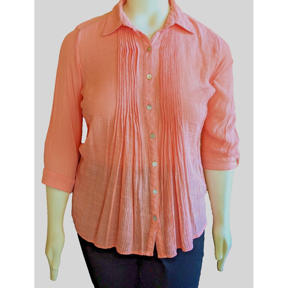Women Top 1X Button Pleated Sheer Crinkle Fabric Preppy Career Relaxed Casual